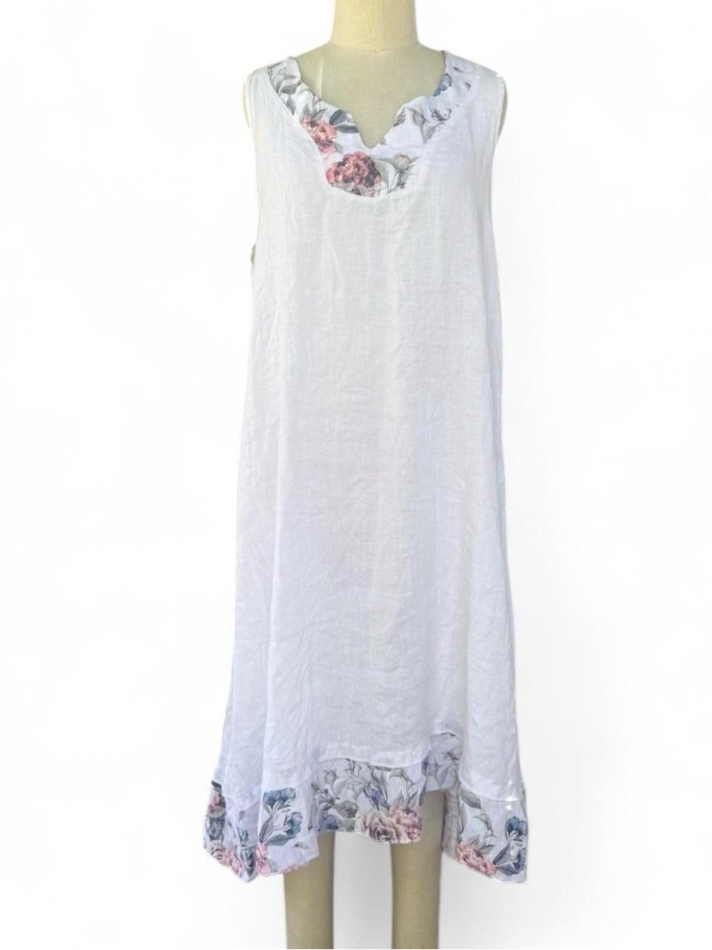 Italian linen white midi dress sleeveless floral accents summer cottagecore
